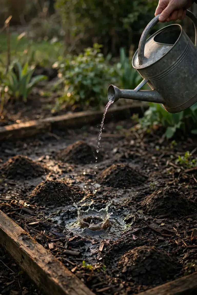 Hand tipping a watering can over a newly planted tulip bed