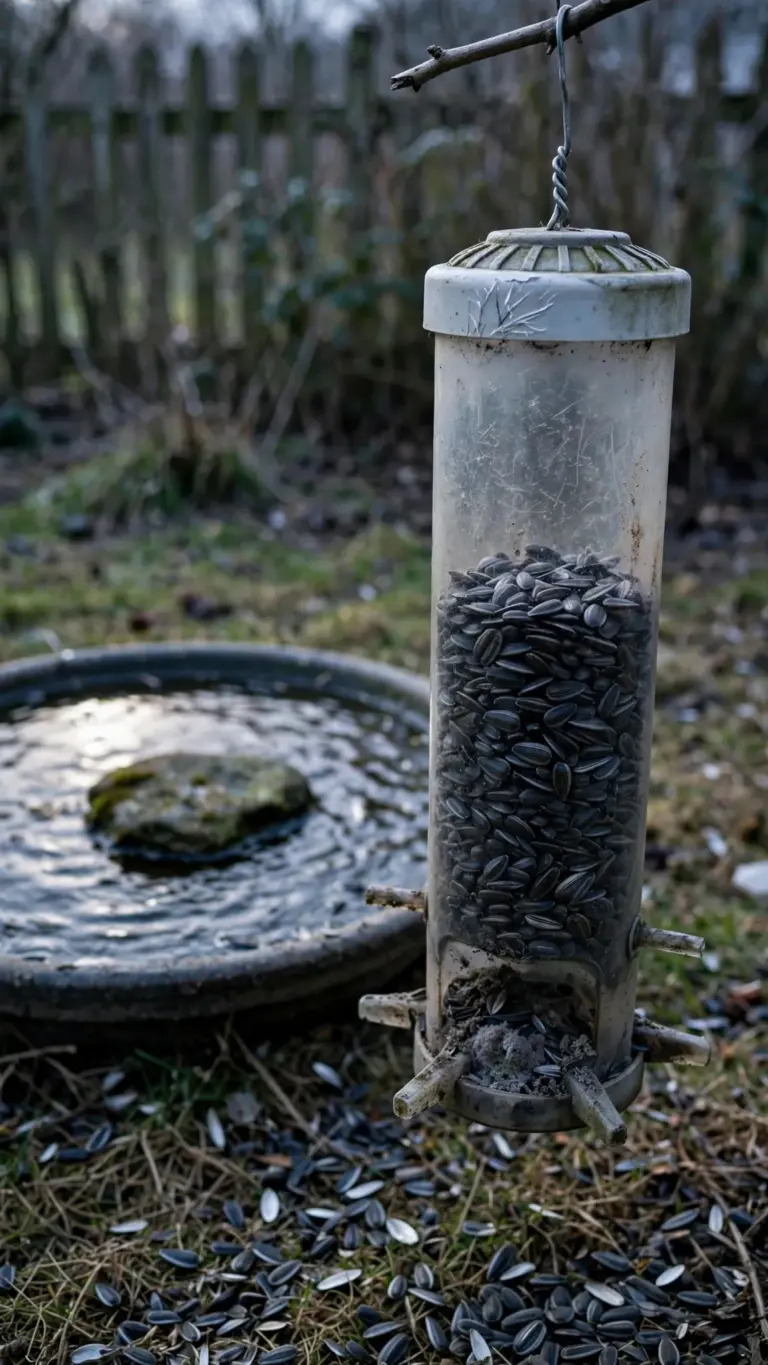 Tube feeder of black oil sunflower seed and a shallow water dish with a perching stone