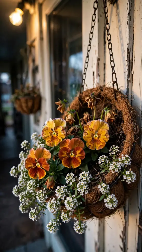 Hanging basket of pansies and trailing sweet alyssum beside a front door