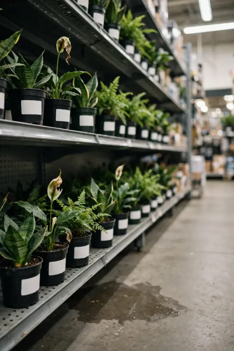 Hardware store shelf stacked with small potted indoor plants