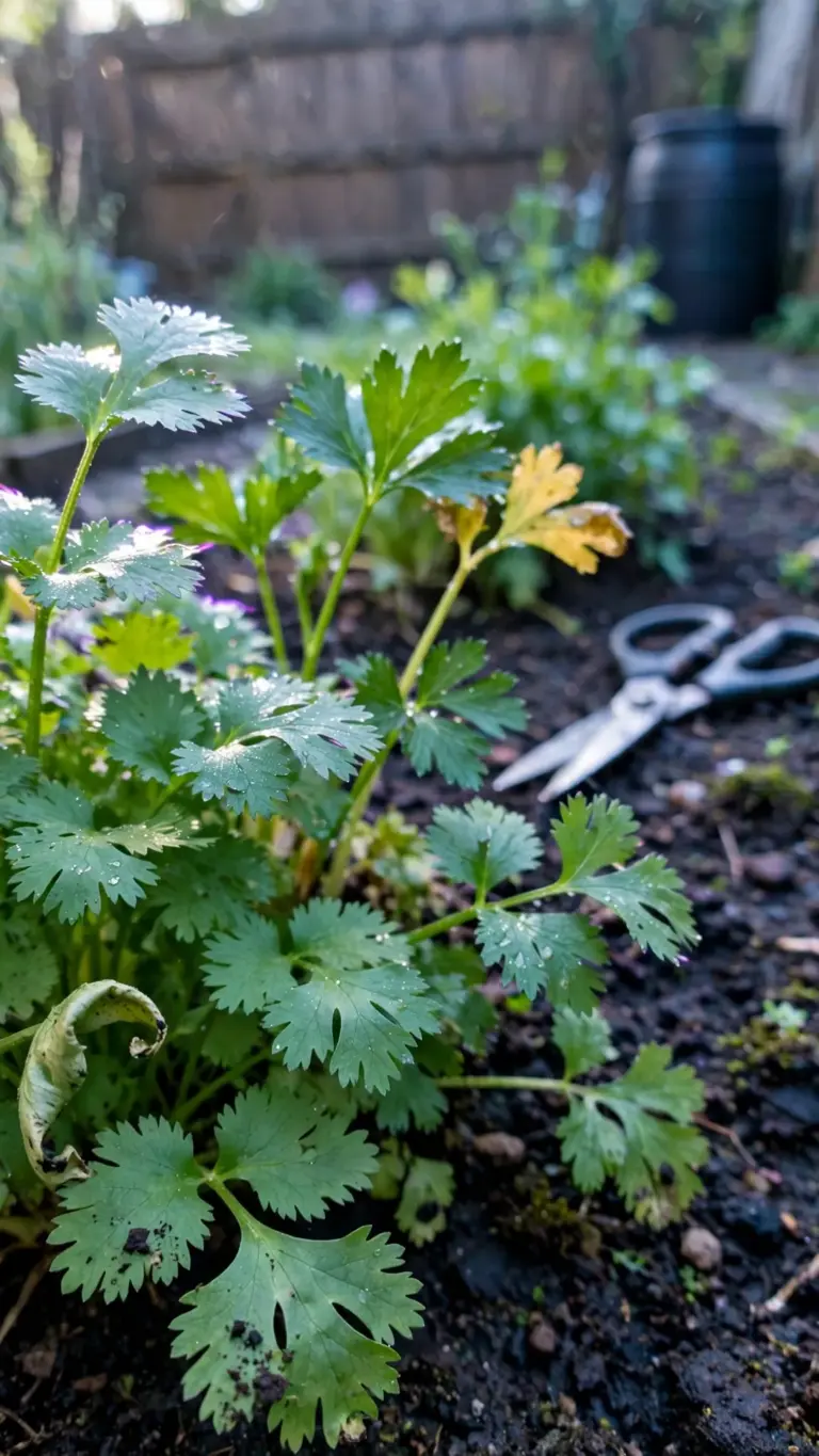 Cilantro and parsley thriving in a cool October bed