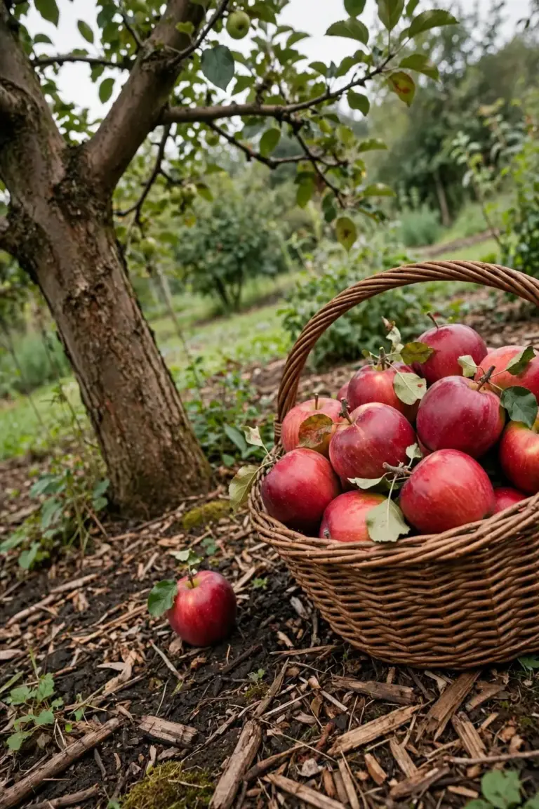 Woven basket of freshly picked red apples beside the tree