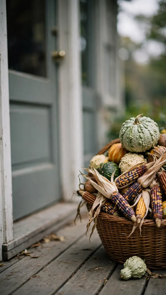 Woven basket mounded with gourds, Indian corn, and dried cobs by a front door