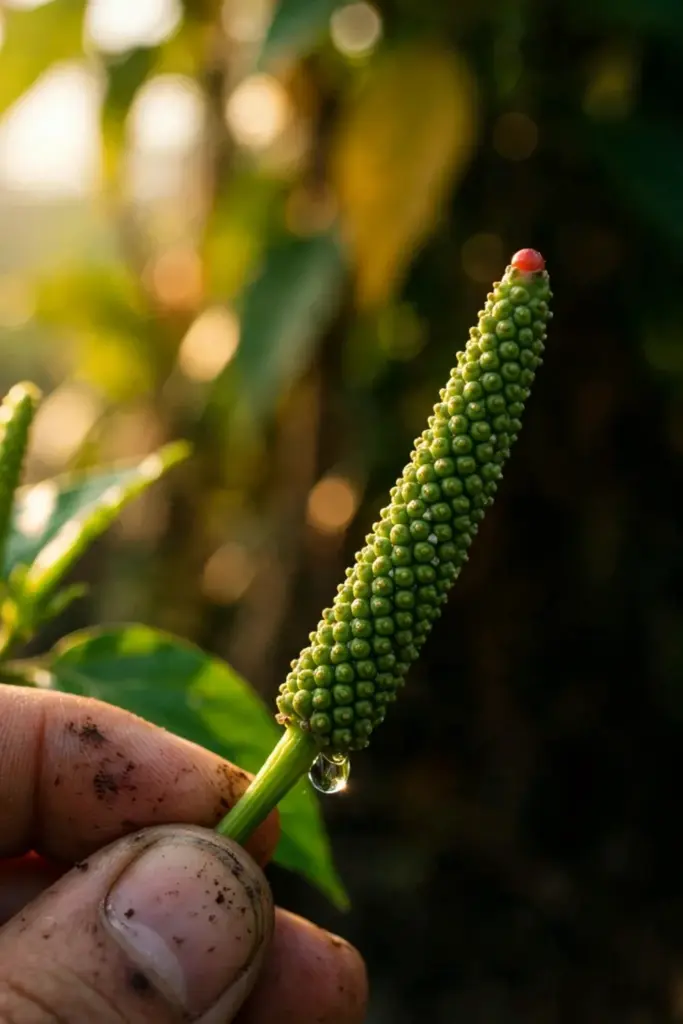 Hand holding a just-cut green Javanese long pepper spike