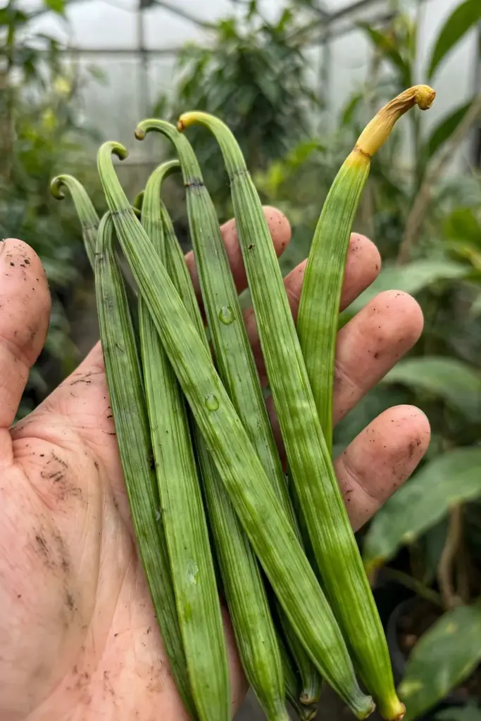 Hand holding freshly harvested green vanilla pods