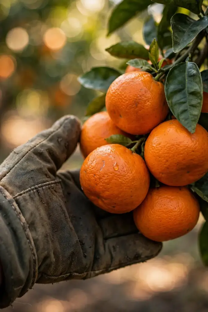 Hand in garden mitt cradling ripe bitter oranges on the branch