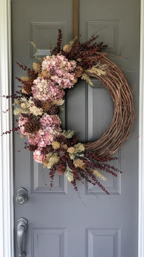 Grapevine harvest wreath with dried hydrangeas and pinecones on a front door