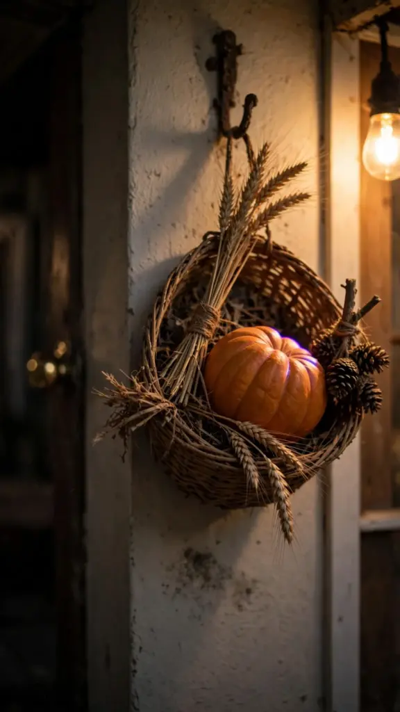 Flat-backed wall basket with a mini pumpkin, wheat bundle, and pinecones