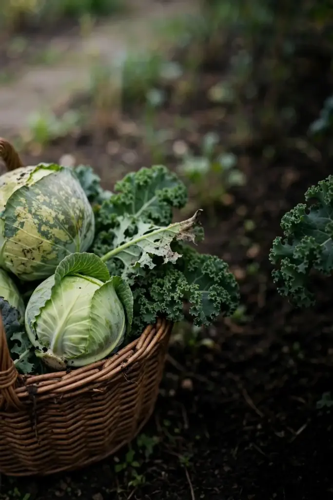 Basket of harvested cabbage and kale from a bed that lived with mosaic virus.