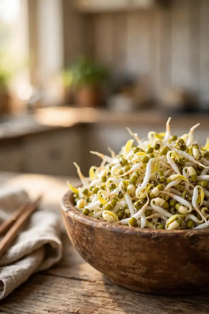 Rustic bowl heaped with fresh mung bean sprouts on a kitchen table