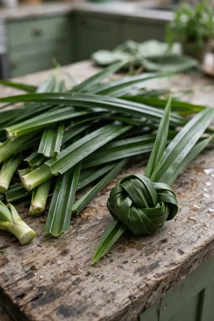 Freshly harvested pandan leaves tied in a knot on a wooden board