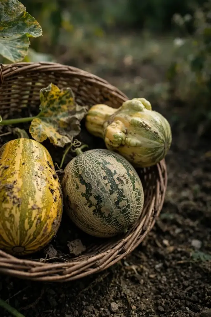 Basket of harvested squash and melon from a bed that lived with mosaic virus.