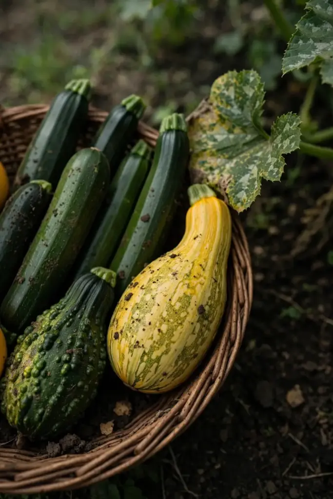 Basket of harvested zucchini and squash from a bed that lived with mosaic virus.