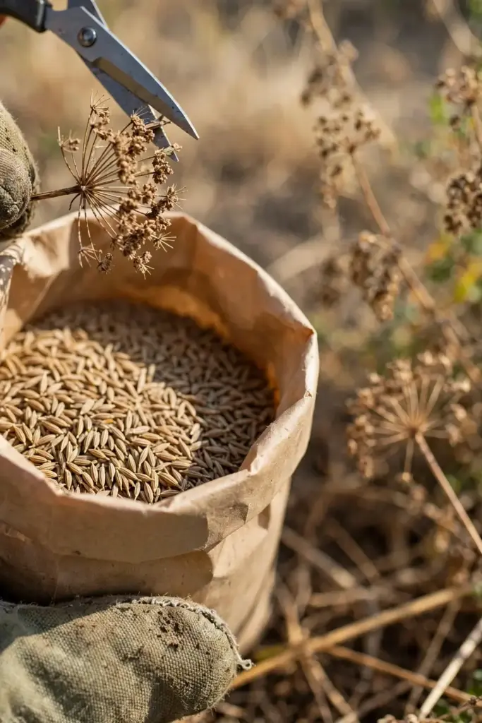 Clipping brown cumin seed heads into a paper bag at harvest