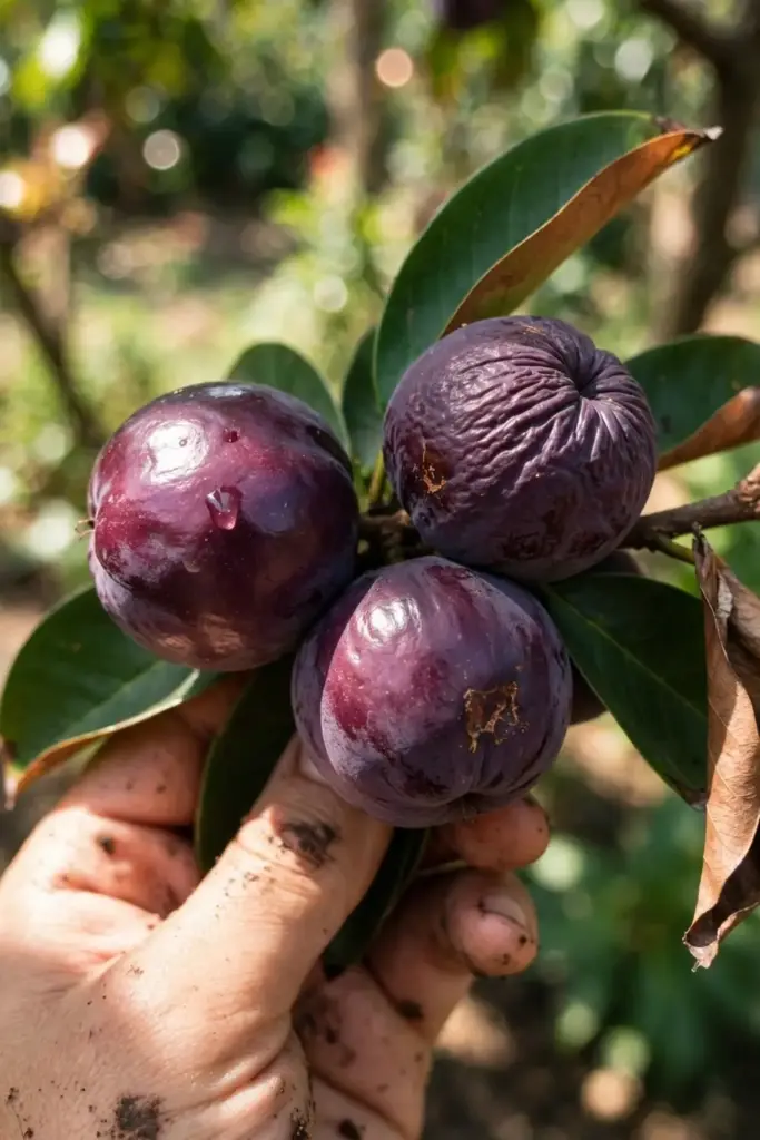 Hand cradling ripe purple star apples still on the branch