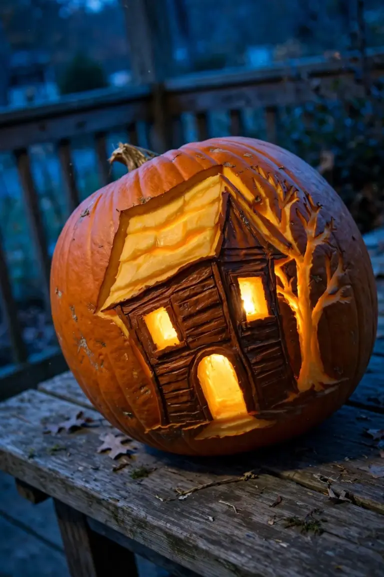 Pumpkin etched with a haunted house scene, cut-through windows glowing brightest against a softer etched roof and tree