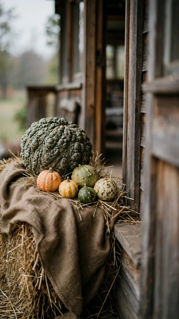 Gourds arranged in a triangle on a burlap-draped hay bale in a porch corner