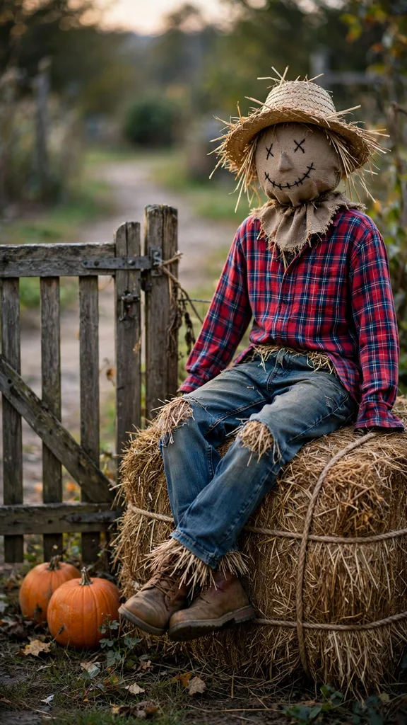 A scarecrow greeter seated on a hay bale by a garden gate