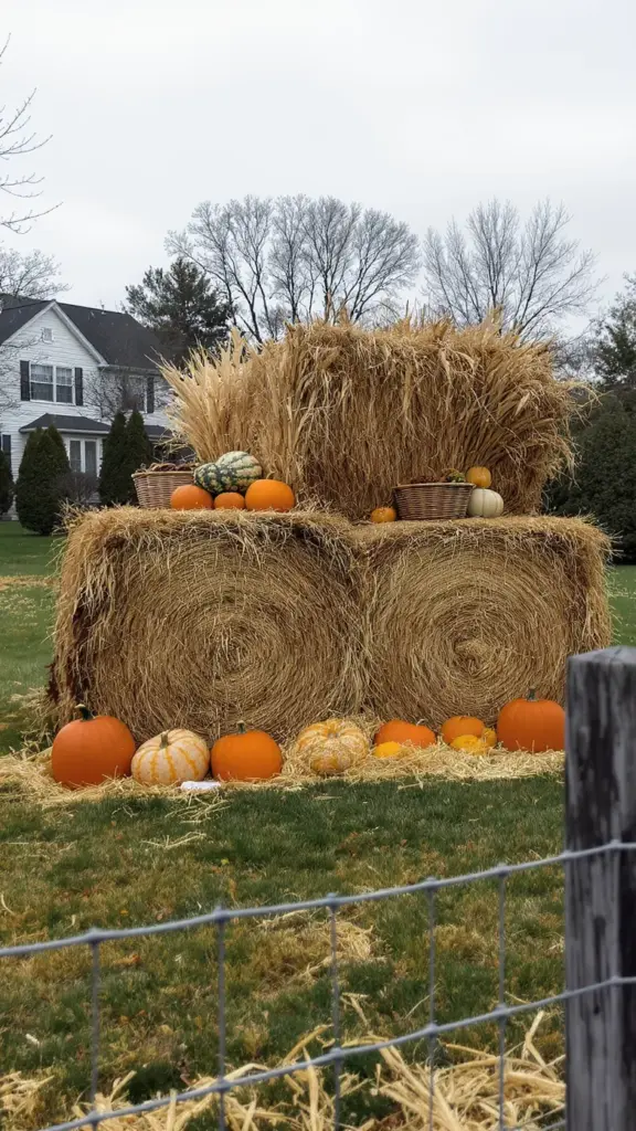 Two hay bales on a lawn dressed with pumpkins, gourds, and corn stalks