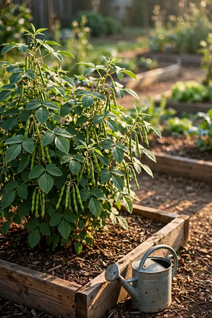 Healthy mature adzuki bean plants in a home vegetable garden