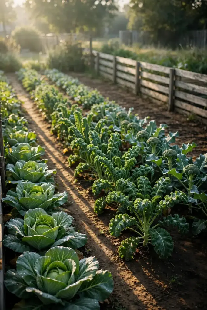 Healthy brassica bed with clean rows of cabbage, kale, and broccoli.