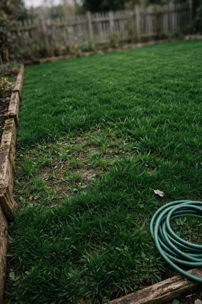 Dense healthy Buffalo lawn with a garden hose coiled at the edge