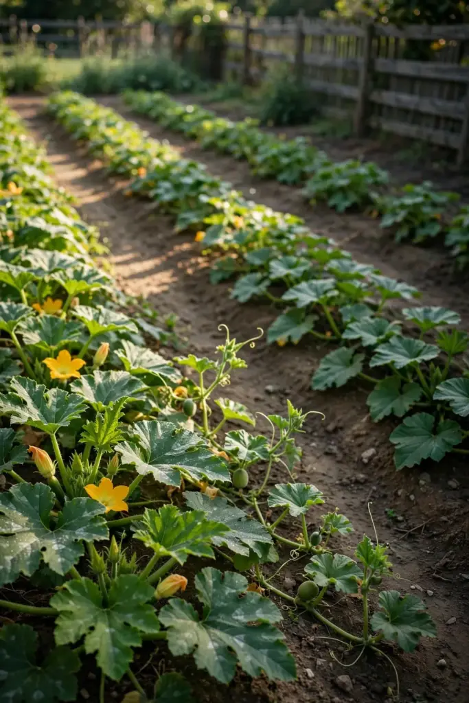 Healthy cucurbit bed with clean rows of zucchini, squash, and melon.