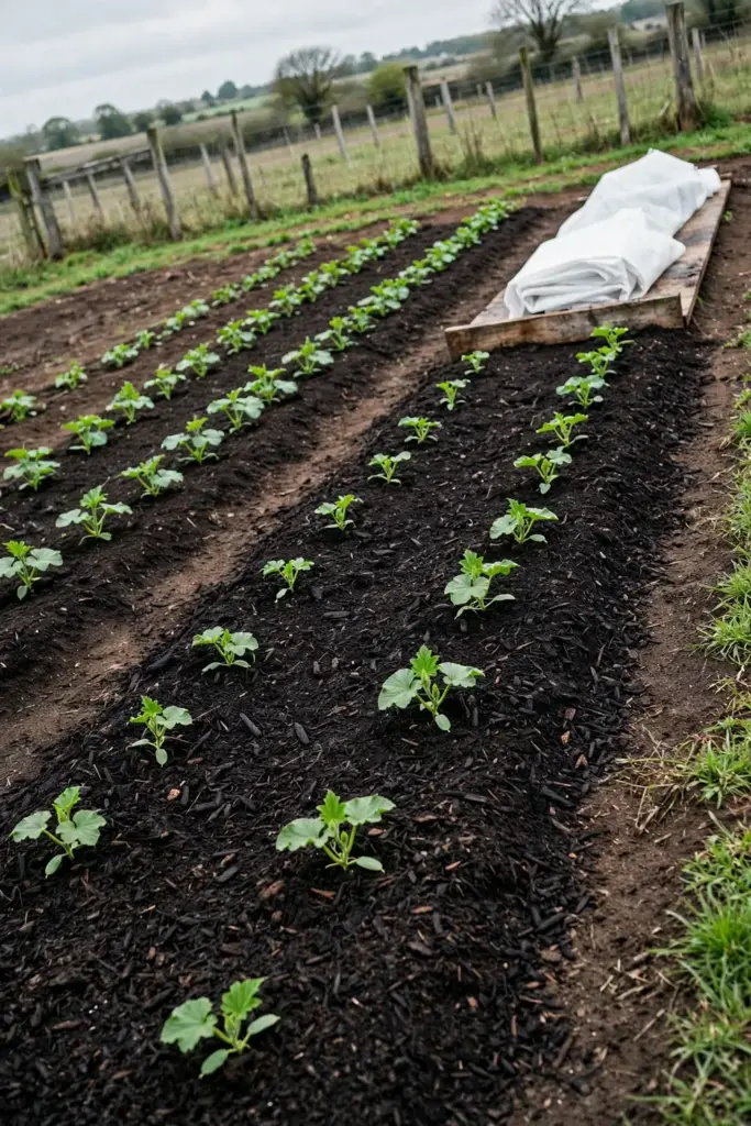 Healthy cucurbit rows in a clean bed at the start of a new season.