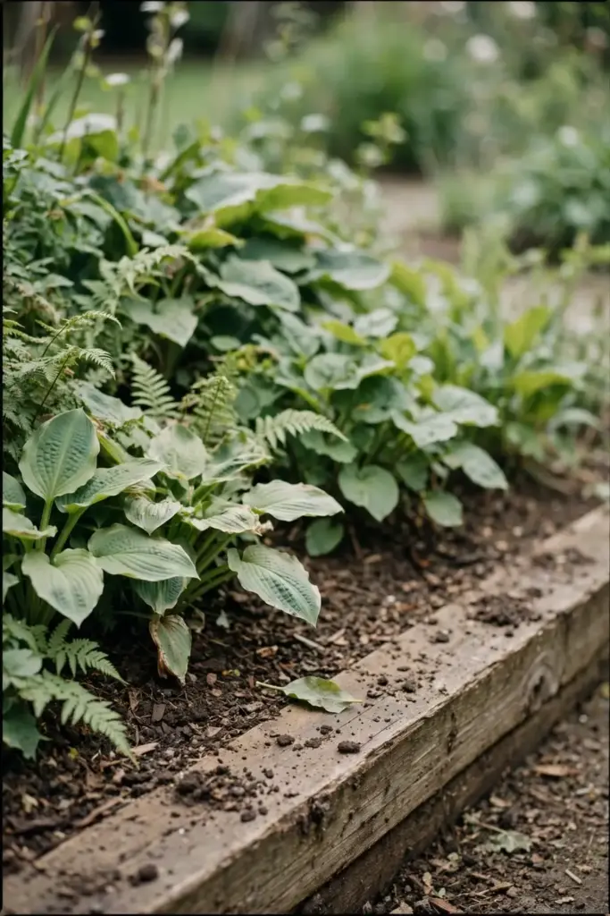 Healthy mixed garden bed with dry unblemished leaves in soft daylight.