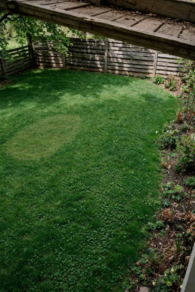 Dense healthy Buffalo lawn with one faint patch outline left