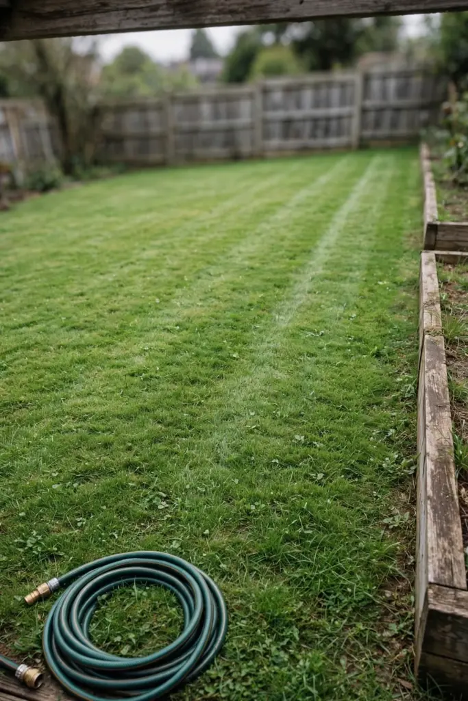 Healthy green lawn with a coiled garden hose resting at the edge