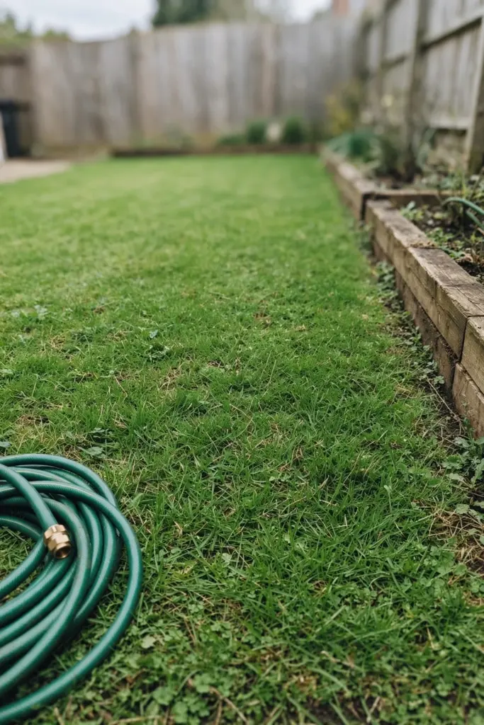 Healthy green Kikuyu lawn with a coiled garden hose resting at the edge