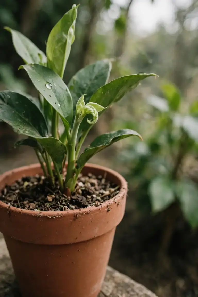 Healthy plant with new growth after repotting