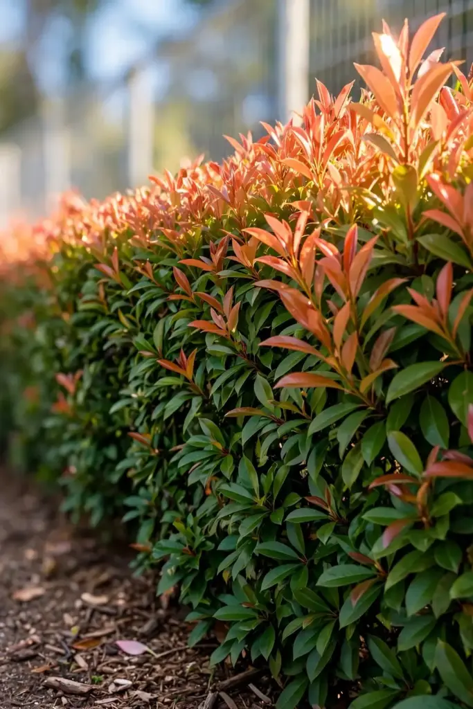 Healthy red-tip photinia hedge with clean coppery new growth in morning light