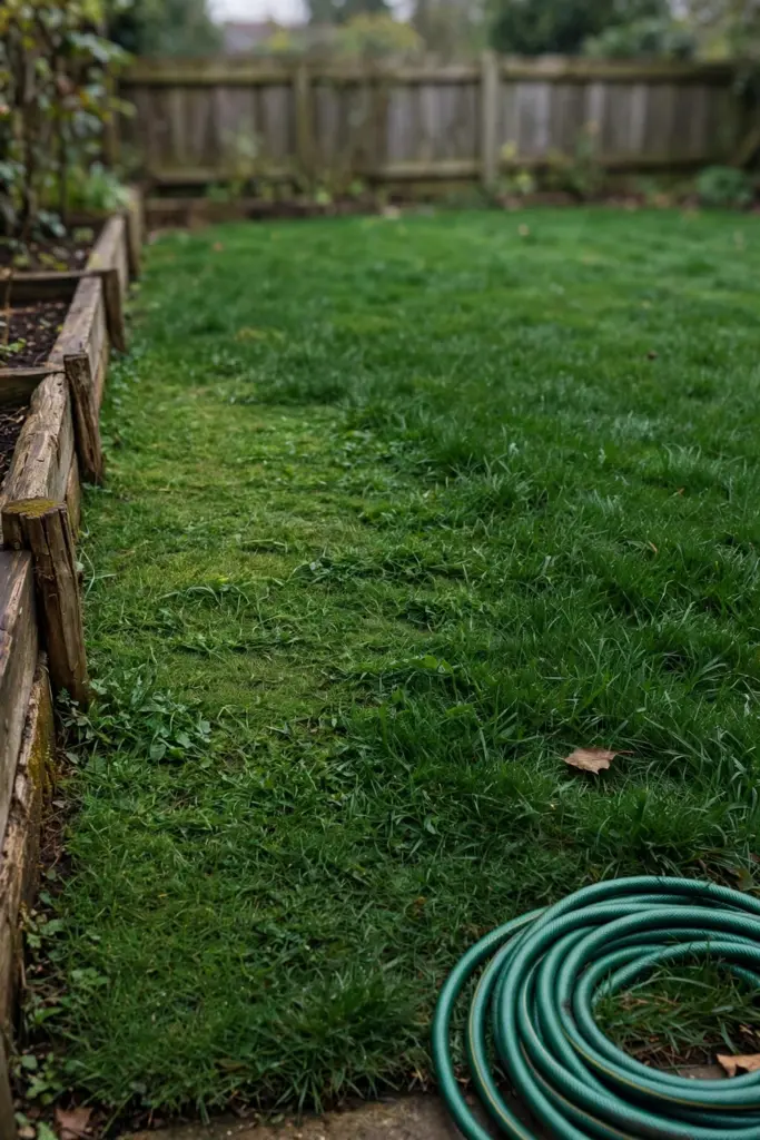 Dense healthy lawn with a garden hose coiled at the edge
