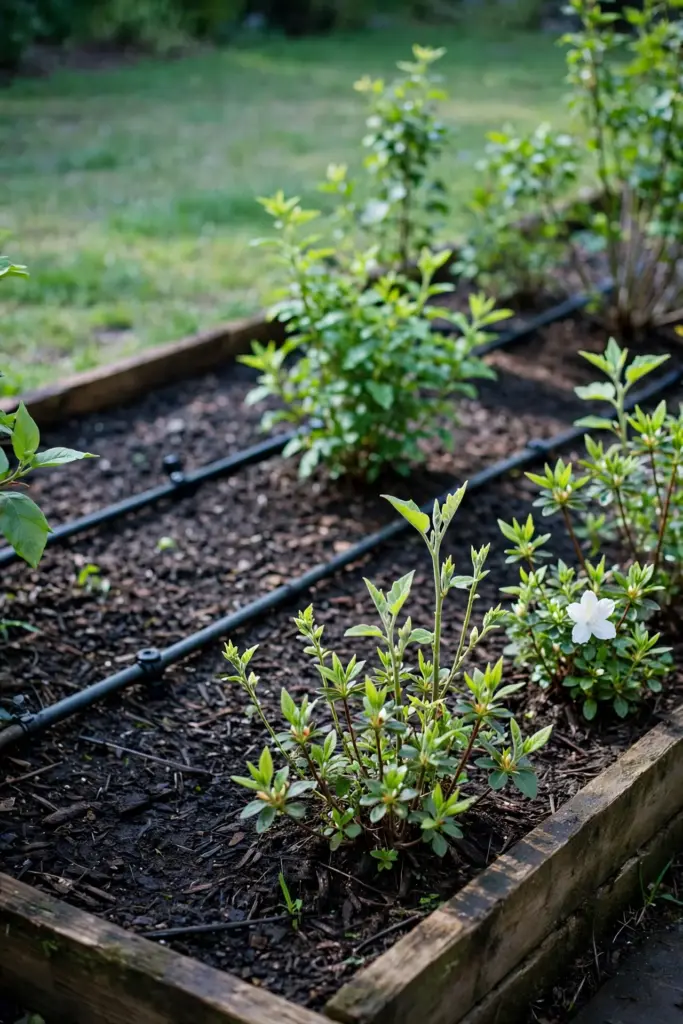 Healthy replanted garden bed with fresh growth in morning light