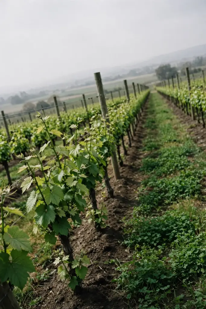 Healthy replanted vineyard row in even growth