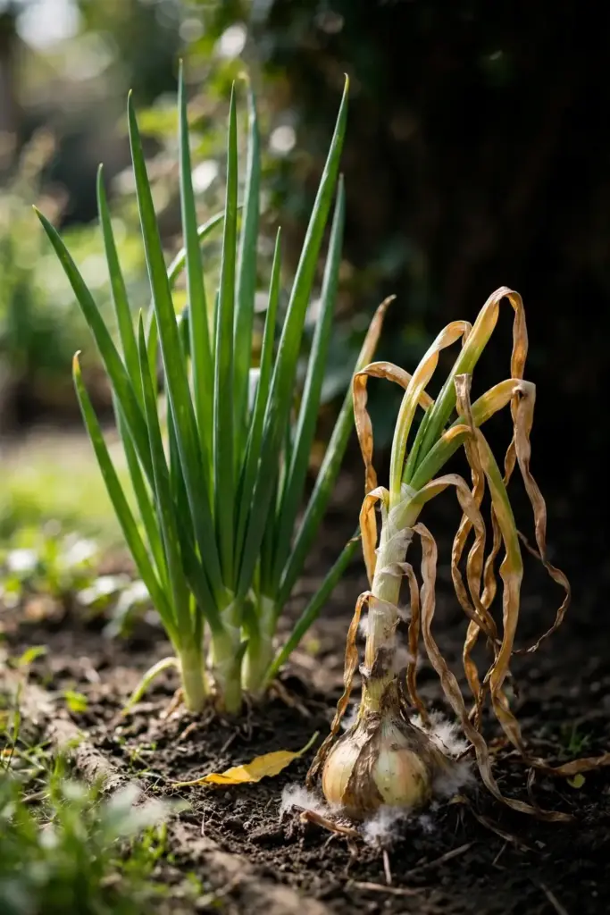 Healthy green onion plant beside a yellowed one for disease comparison.