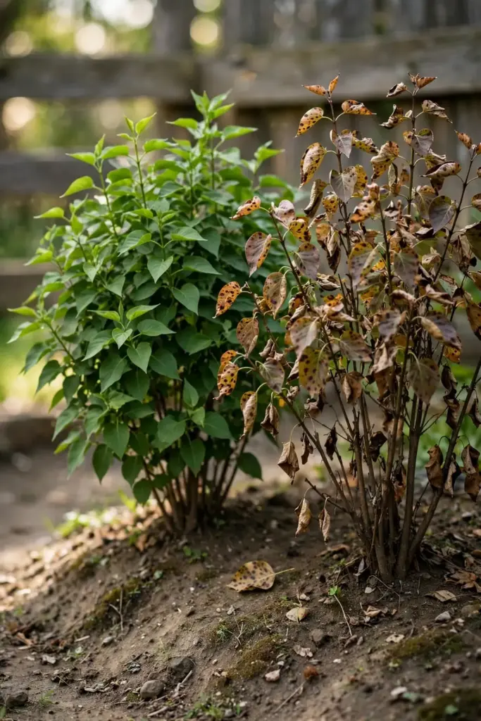 Healthy green lilac shrub beside a spotted one with early leaf drop.