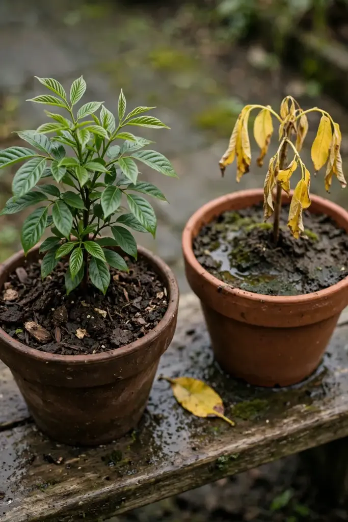 Healthy and struggling nutmeg seedlings side by side in pots
