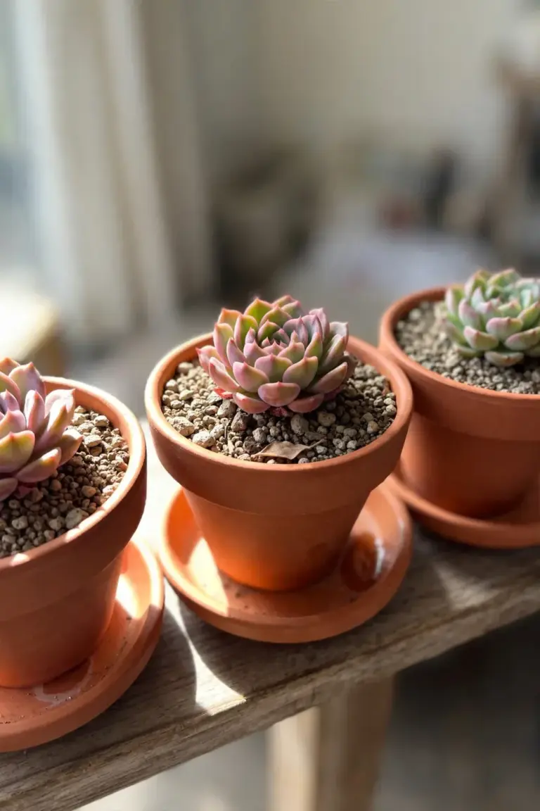 Thriving compact succulents in well-drained pots showing healthy indoor care