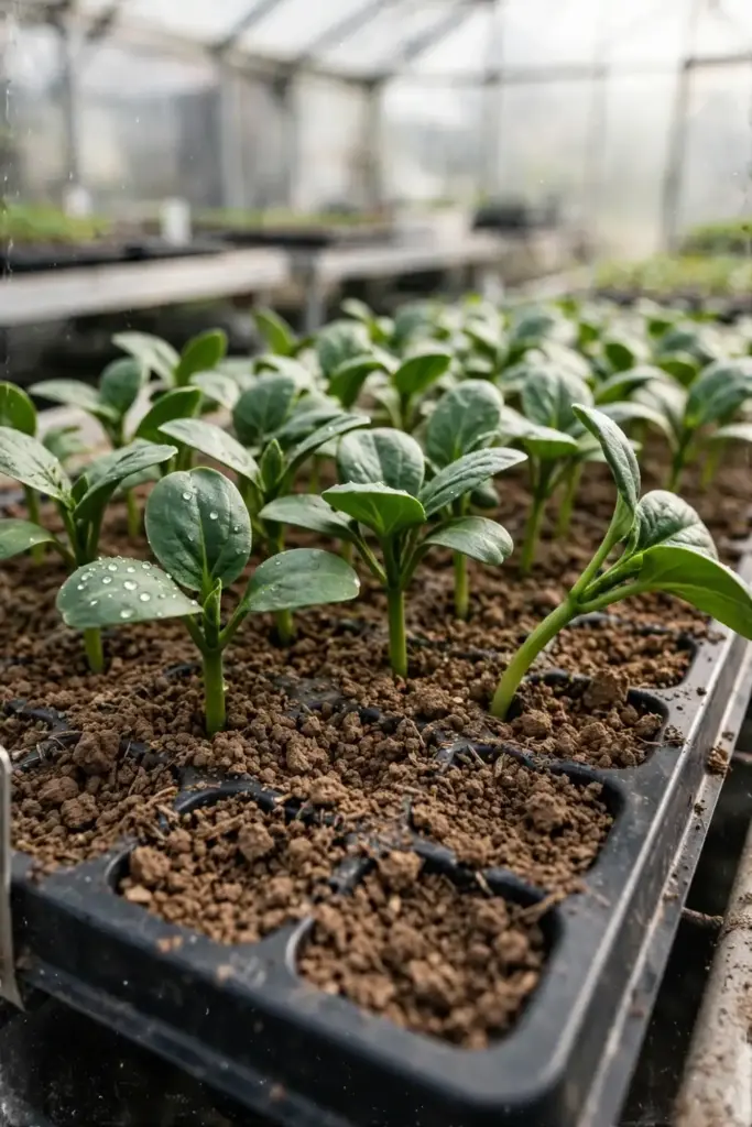 Tray of vigorous healthy seedlings thriving in bright greenhouse light.