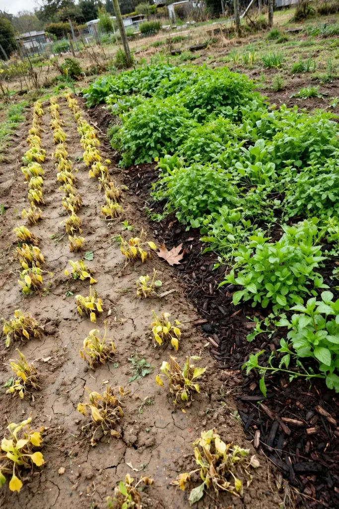 Garden bed split between healthy plants and stunted yellowing plants.