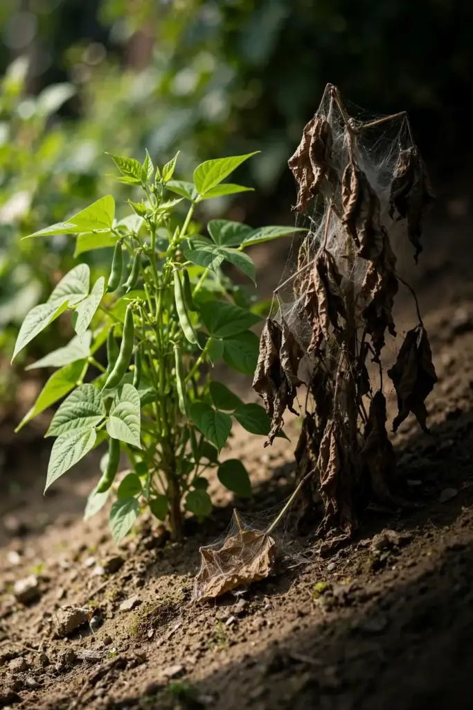 Healthy green bean plant beside a webbed one for disease comparison.
