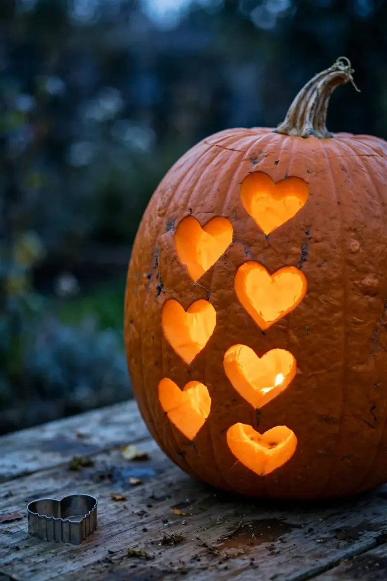 Pumpkin punched with a pattern of glowing heart shapes across its front, a metal heart cookie cutter at the frame edge