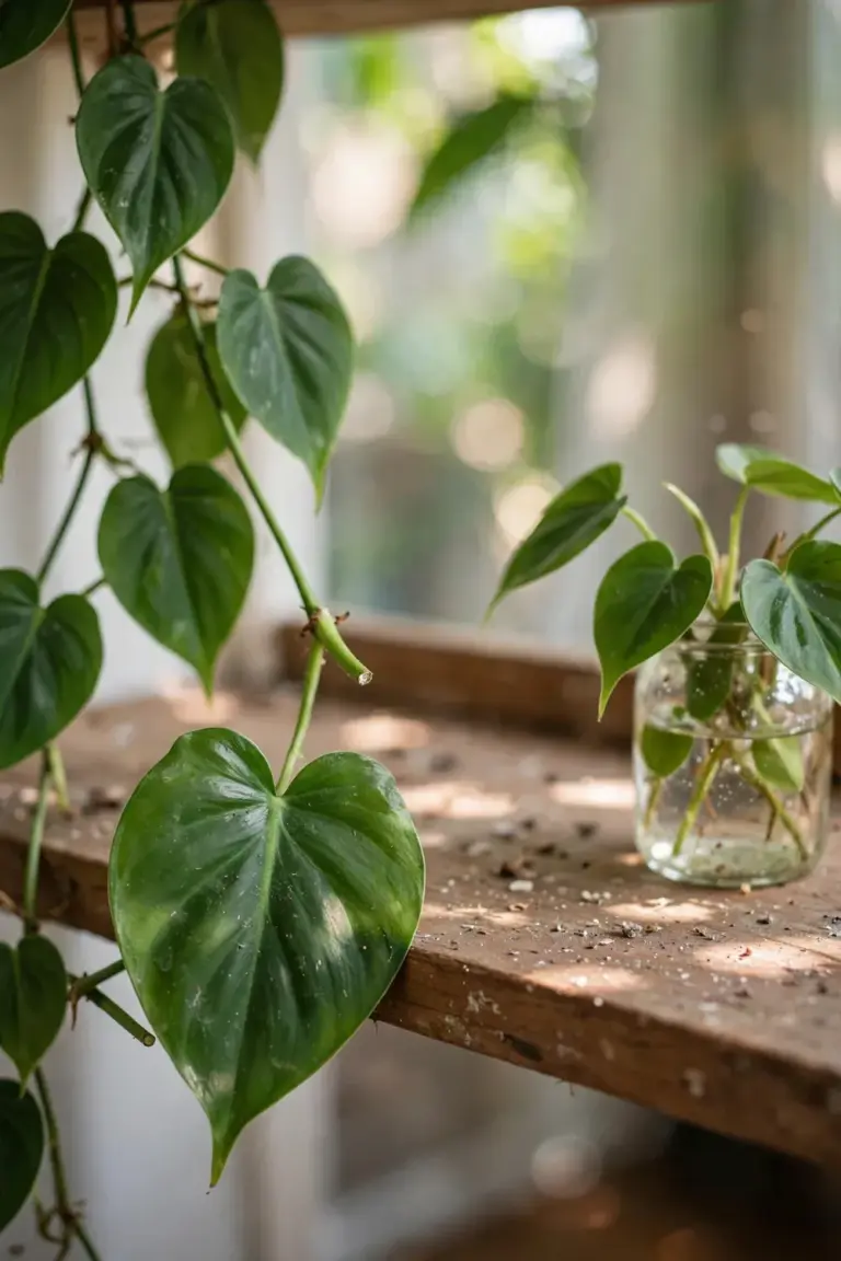 Heartleaf philodendron vines with glossy leaves trailing from a shelf
