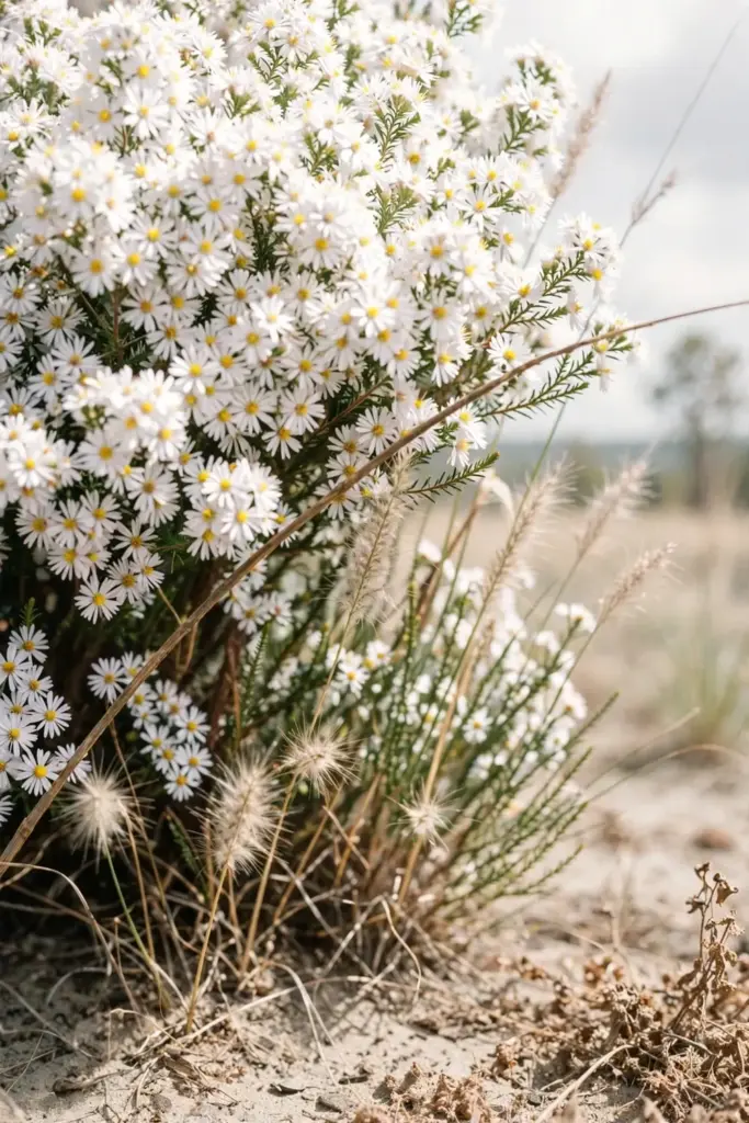 Heath aster white bloom cloud over prairie grasses