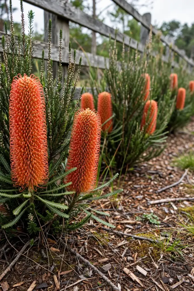 Heath banksia screen with orange-red cylindrical spikes and fine heath-like leaves