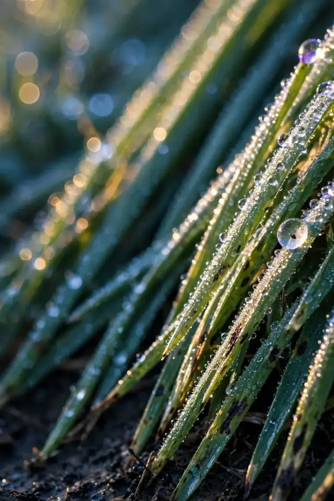Dew beaded on spotted grass blades in early morning light