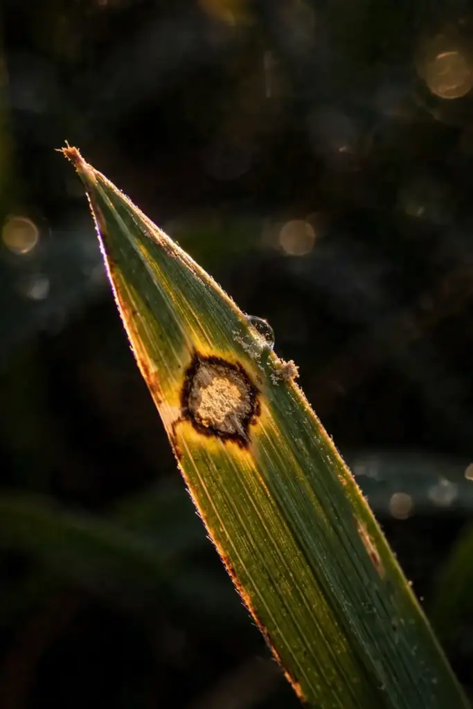 Extreme macro of a single tan-centered leaf spot lesion on a grass blade